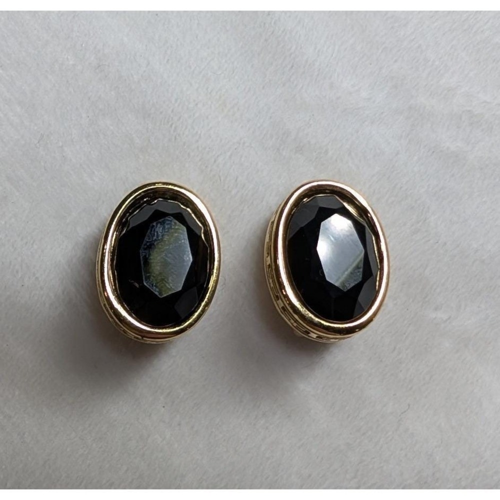 Givenchy Vintage Gold Tone Greek Key Black Faceted Glass Oval Clip On Earrings